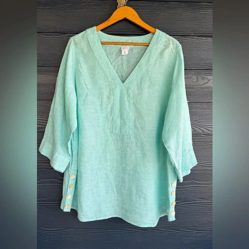 Sigrid Olsen Women 1X Linen Blouse Tunic Aqua Beachy Coastal Boho Lightweight